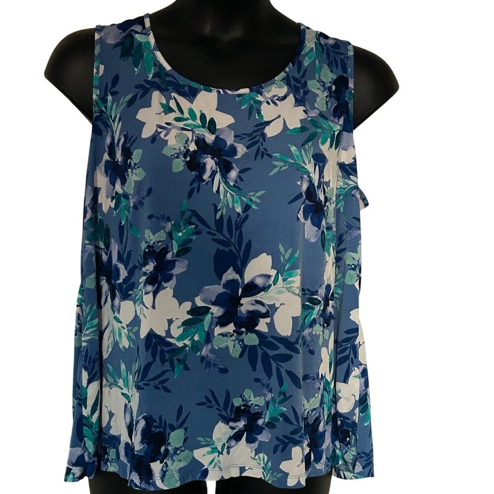 Blue Floral Sleeveless Top 1X 18/20W Scoop Neck Lightweight Polyester Spandex